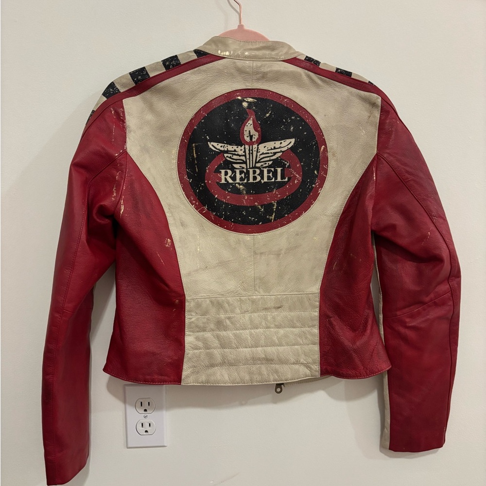 Wilsons Leather Cream and Red Racing Patch Leather Jacket - Picture 6 of 9